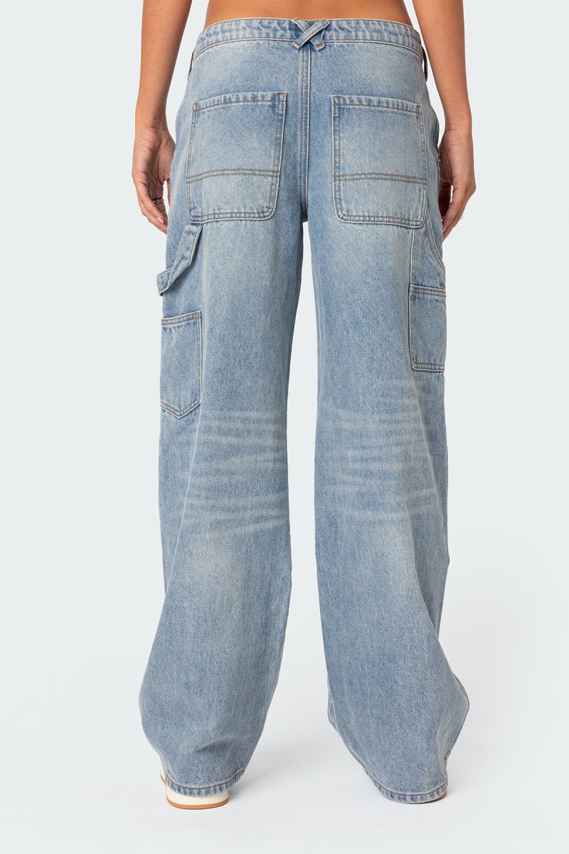Edikted Faded Wash Low Rise Carpenter Jeans Light Blue | USA BC755305S9