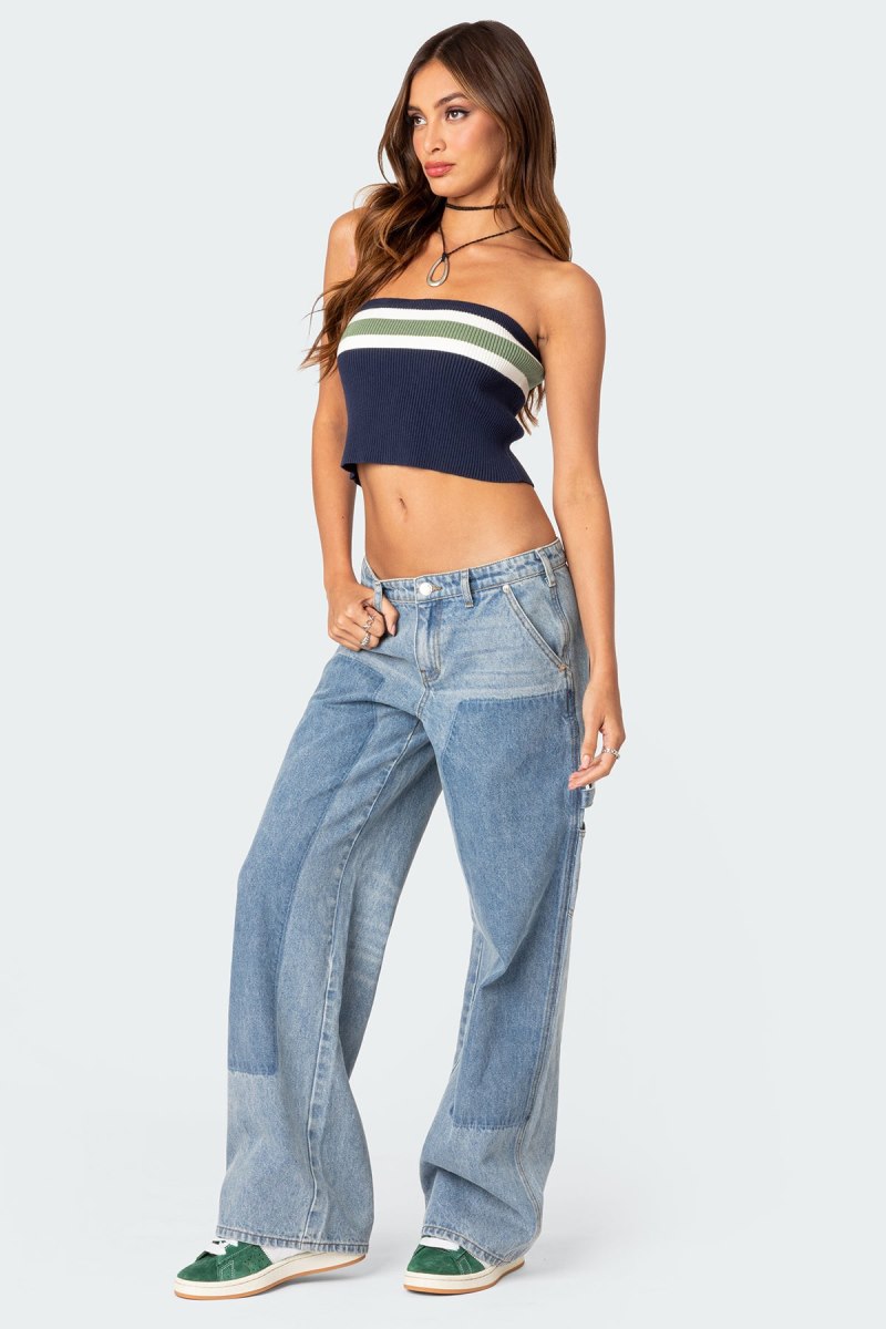 Edikted Faded Wash Low Rise Carpenter Jeans Light Blue | USA BC755305S9