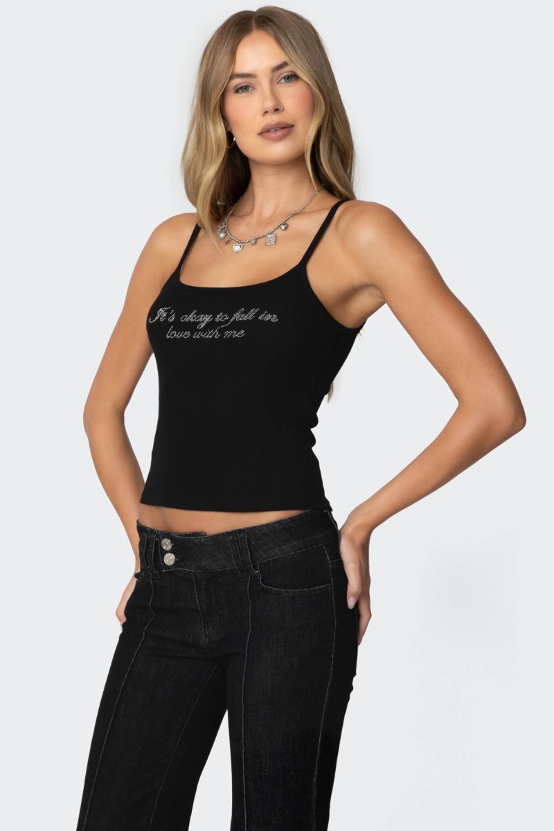 Edikted Fall In Love Rhinestone Tank Graphic Tops Black | USA HD637383C0