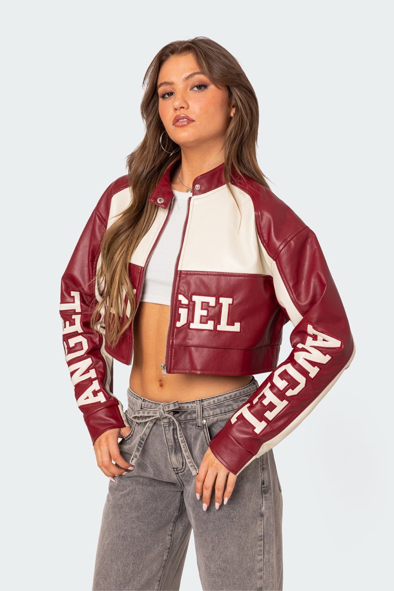 Edikted Farah Cropped Faux Leather Jackets Burgundy | USA XO159205W4