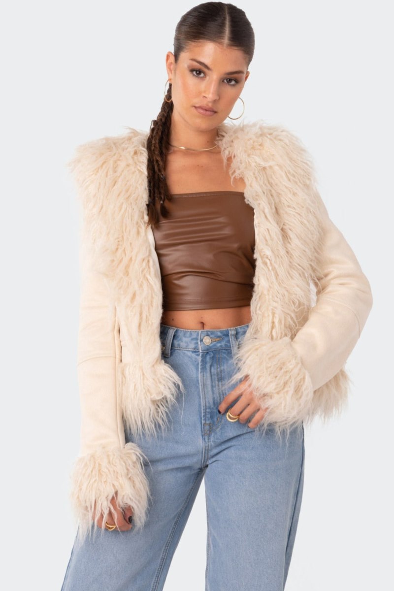 Edikted Faux Fur Trim Coat Jackets Cream | USA HW390869I7