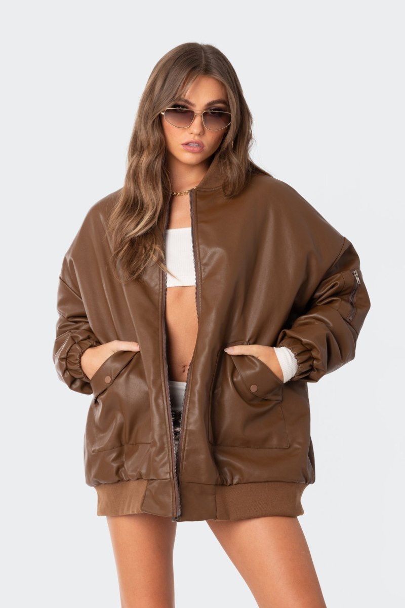 Edikted Faux Leather Oversized Bomber Jackets Black | USA RR035673L7