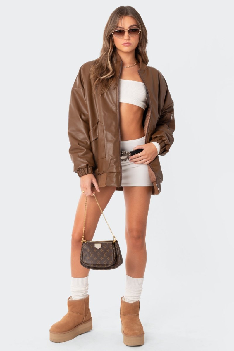 Edikted Faux Leather Oversized Bomber Jackets Black | USA RR035673L7