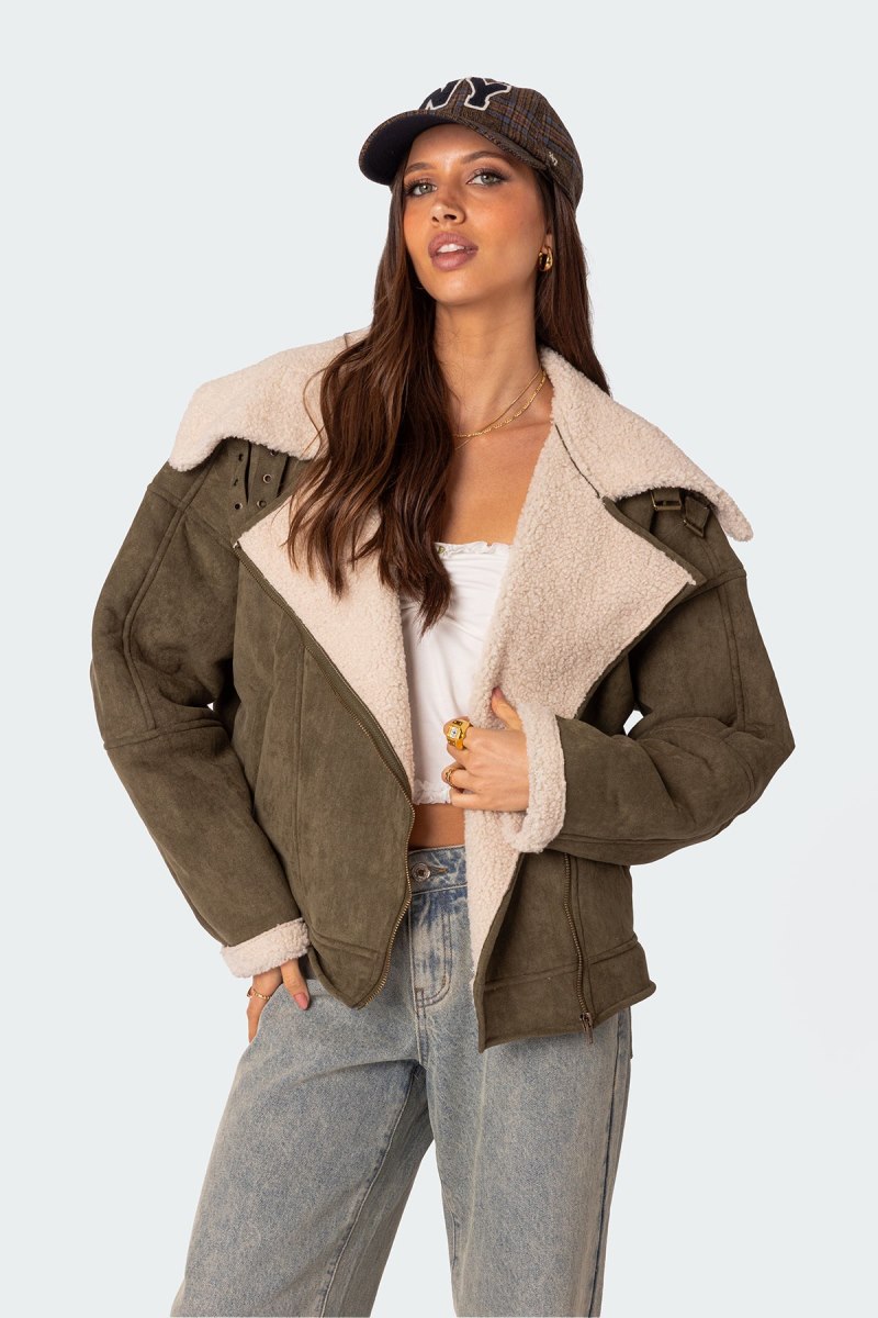 Edikted Faux Suede Shearling Oversized Jackets Olive | USA QR313821K7