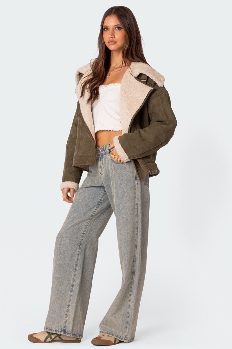 Edikted Faux Suede Shearling Oversized Jackets Olive | USA QR313821K7