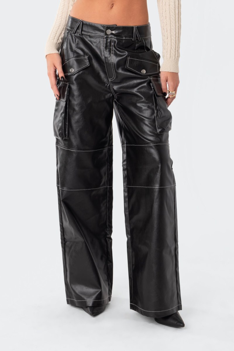 Edikted Faye Faux Leather Cargo Pants Black | USA GH017711Y8