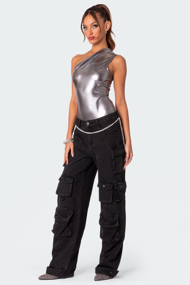 Edikted Feona Gathered Metallic Bodysuit Silver | USA IO661696E9