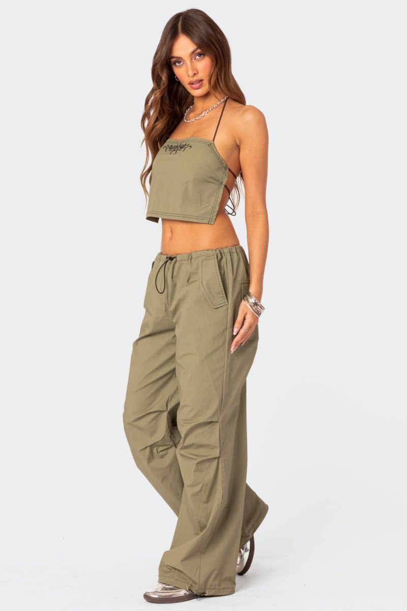 Edikted Fey Bungee Strap Open Back Crop Tops Olive | USA XX224932X4