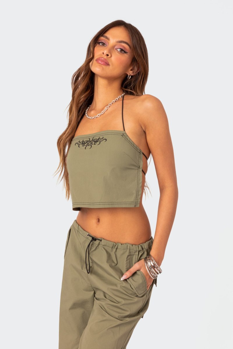 Edikted Fey Bungee Strap Open Back Crop Tops Olive | USA XX224932X4