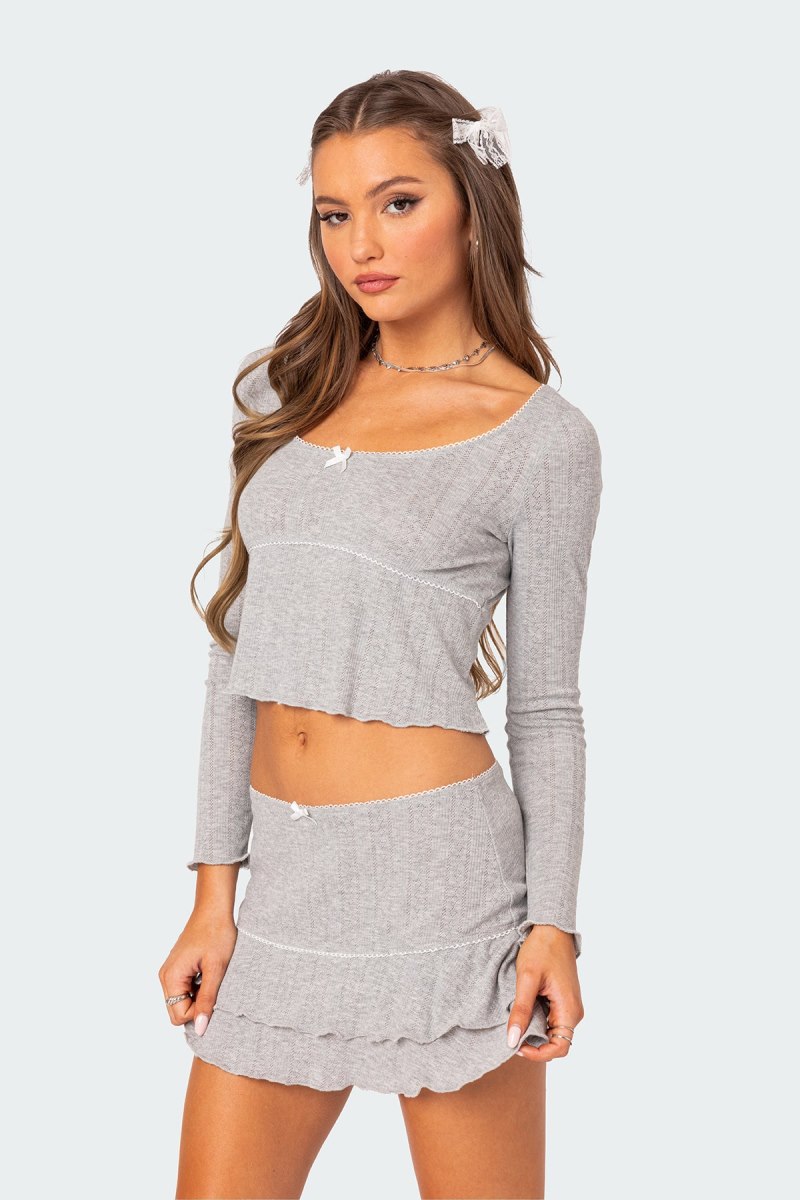 Edikted Fig Pointelle Long Sleeve Tops Gray Melange | USA GB339263N5