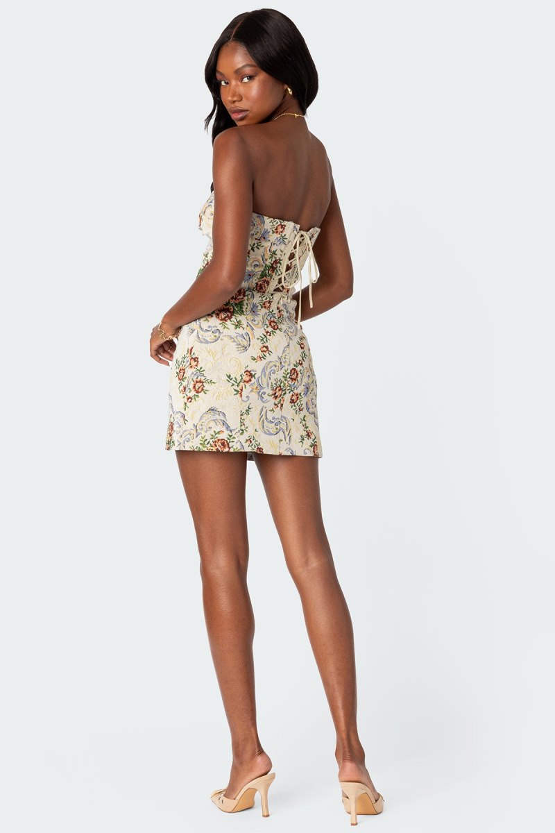 Edikted Floral Tapestry Lace Up Mini Dress Cream | USA HE632943K1