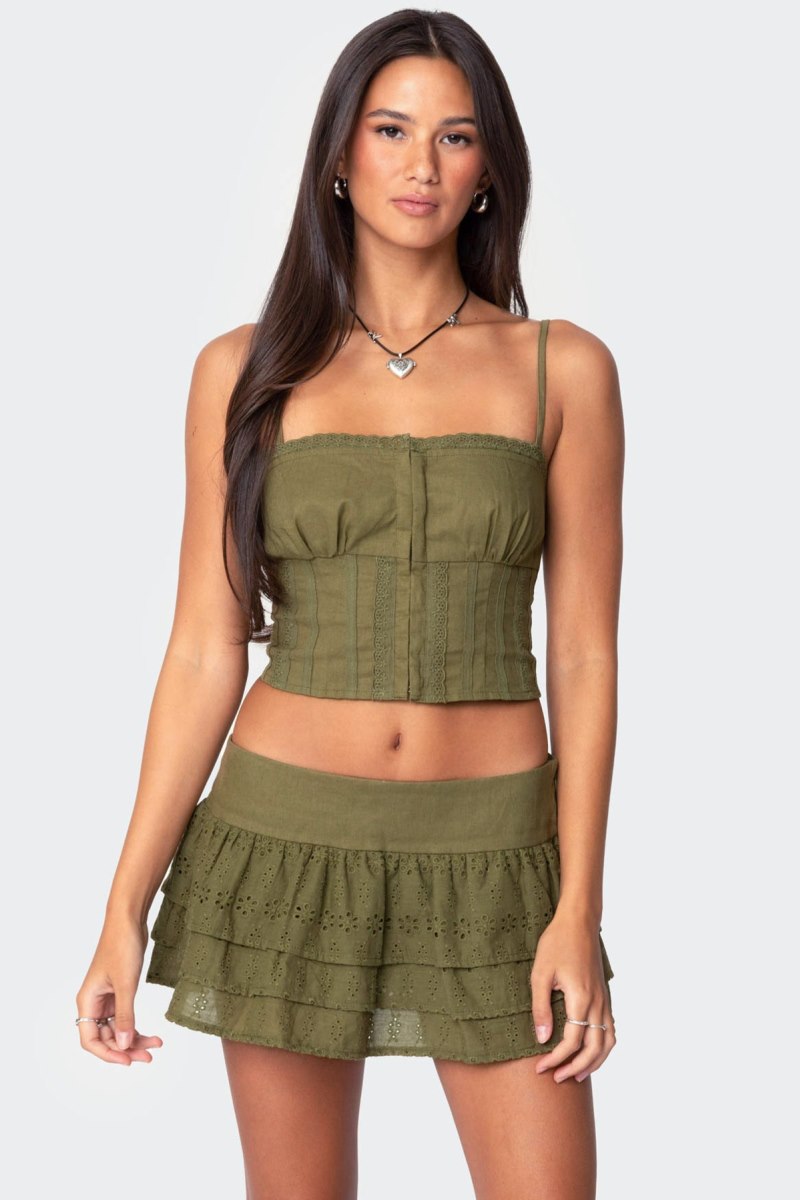 Edikted Fluer Linen Look Tank Crop Tops Olive | USA SE373717C8