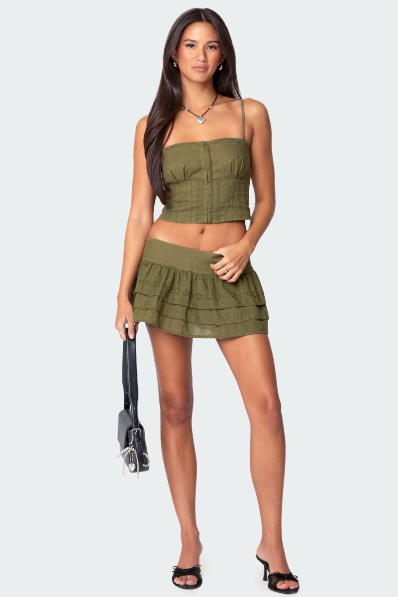 Edikted Fluer Ruffled Eyelet Mini Skorts Olive | USA NI942044B3