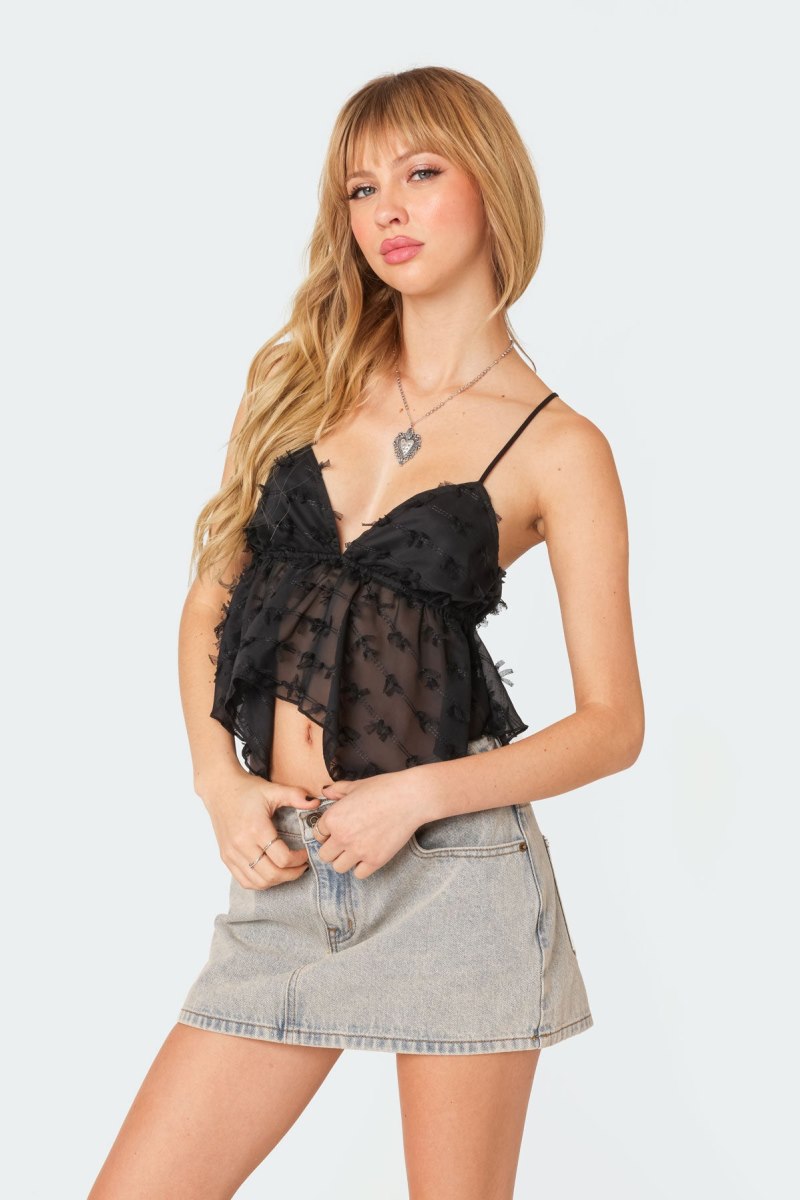 Edikted Flutter Frilled Tie Back Crop Tops Black | USA PR782988G5