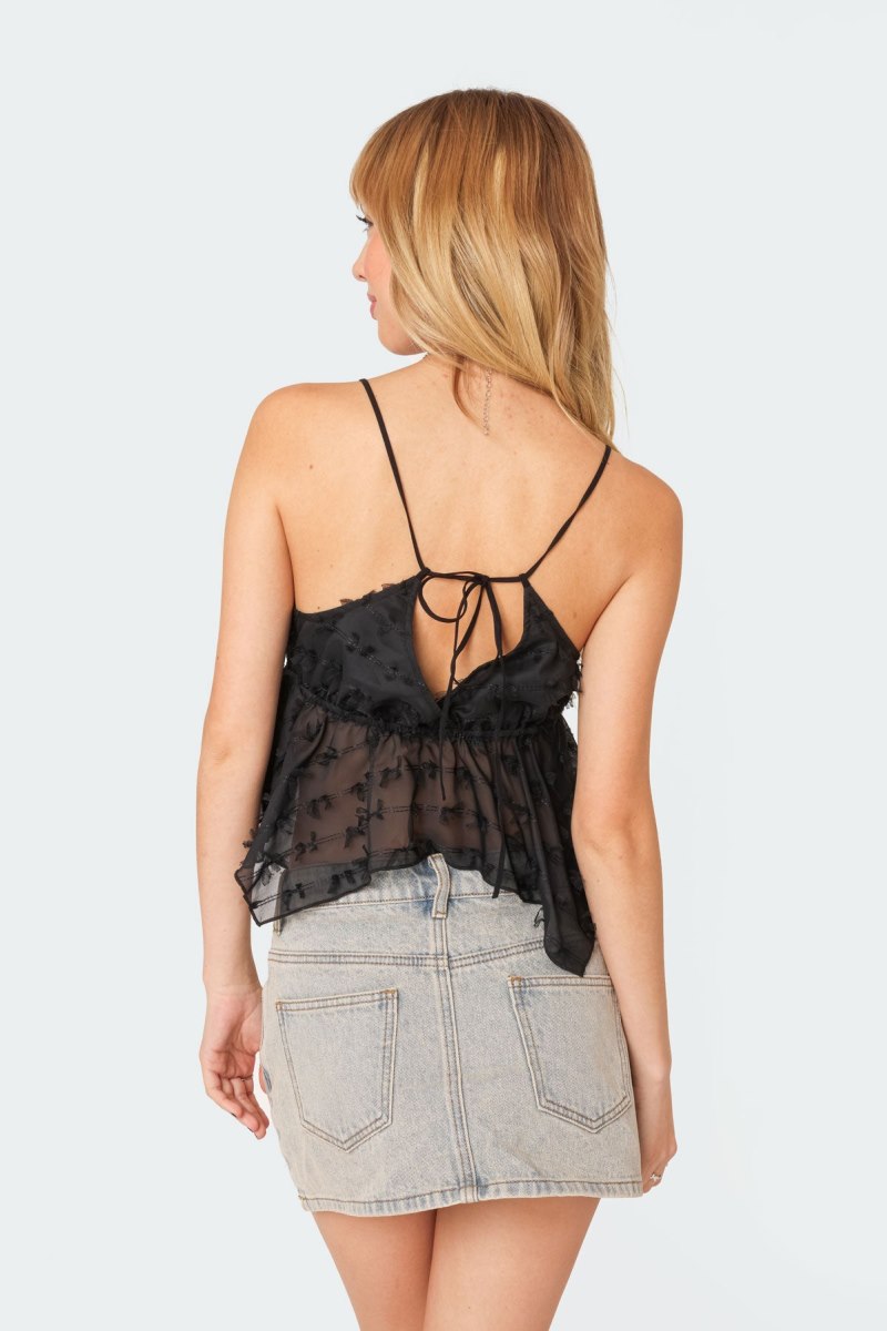 Edikted Flutter Frilled Tie Back Crop Tops Black | USA PR782988G5