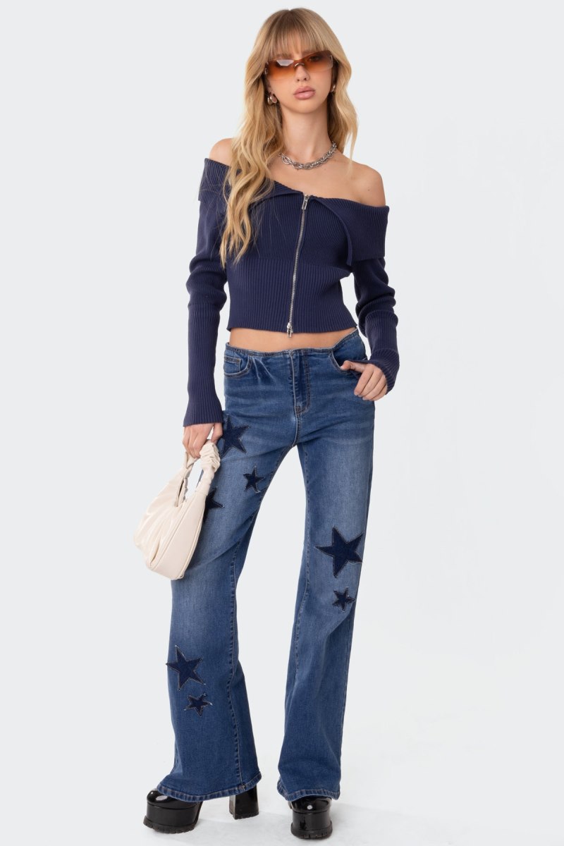 Edikted Fold Over Double Zip Knitted Tops Blue | USA AM448754C2