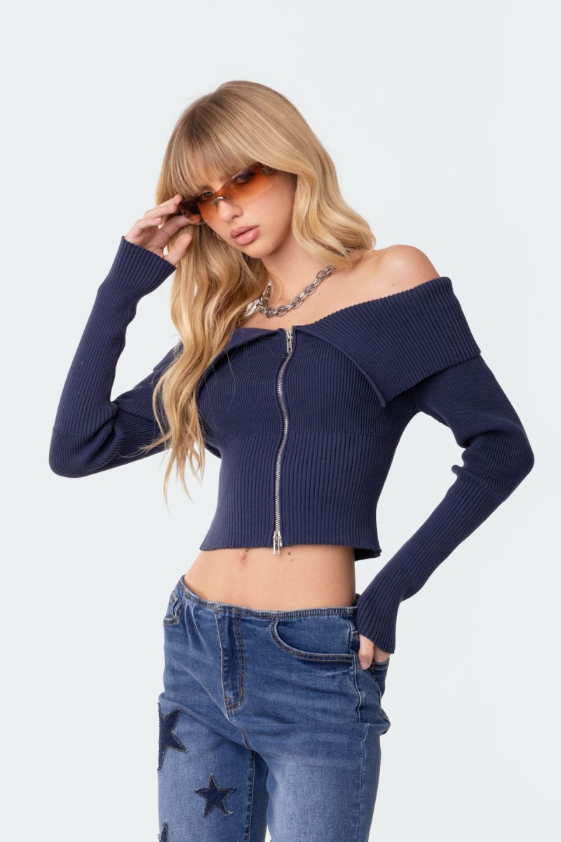 Edikted Fold Over Double Zip Knitted Tops Blue | USA AM448754C2