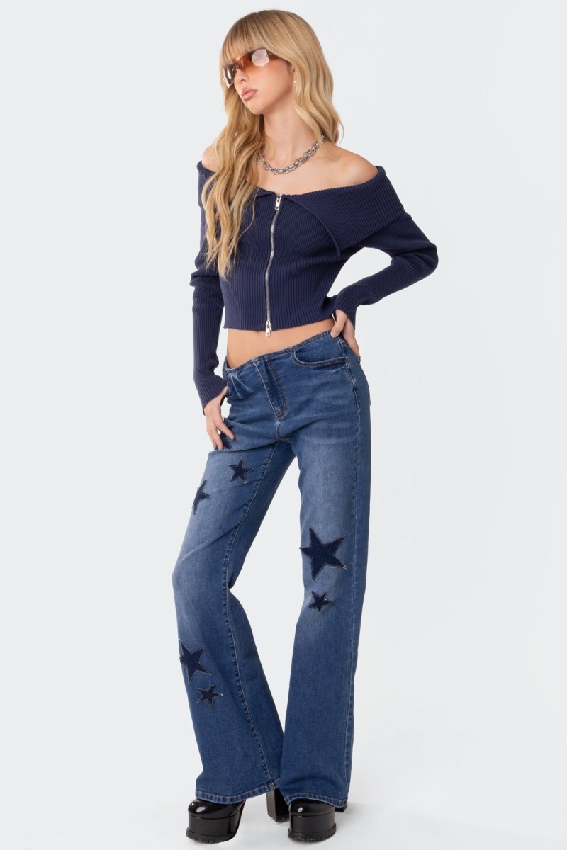 Edikted Fold Over Double Zip Knitted Tops Blue | USA AM448754C2