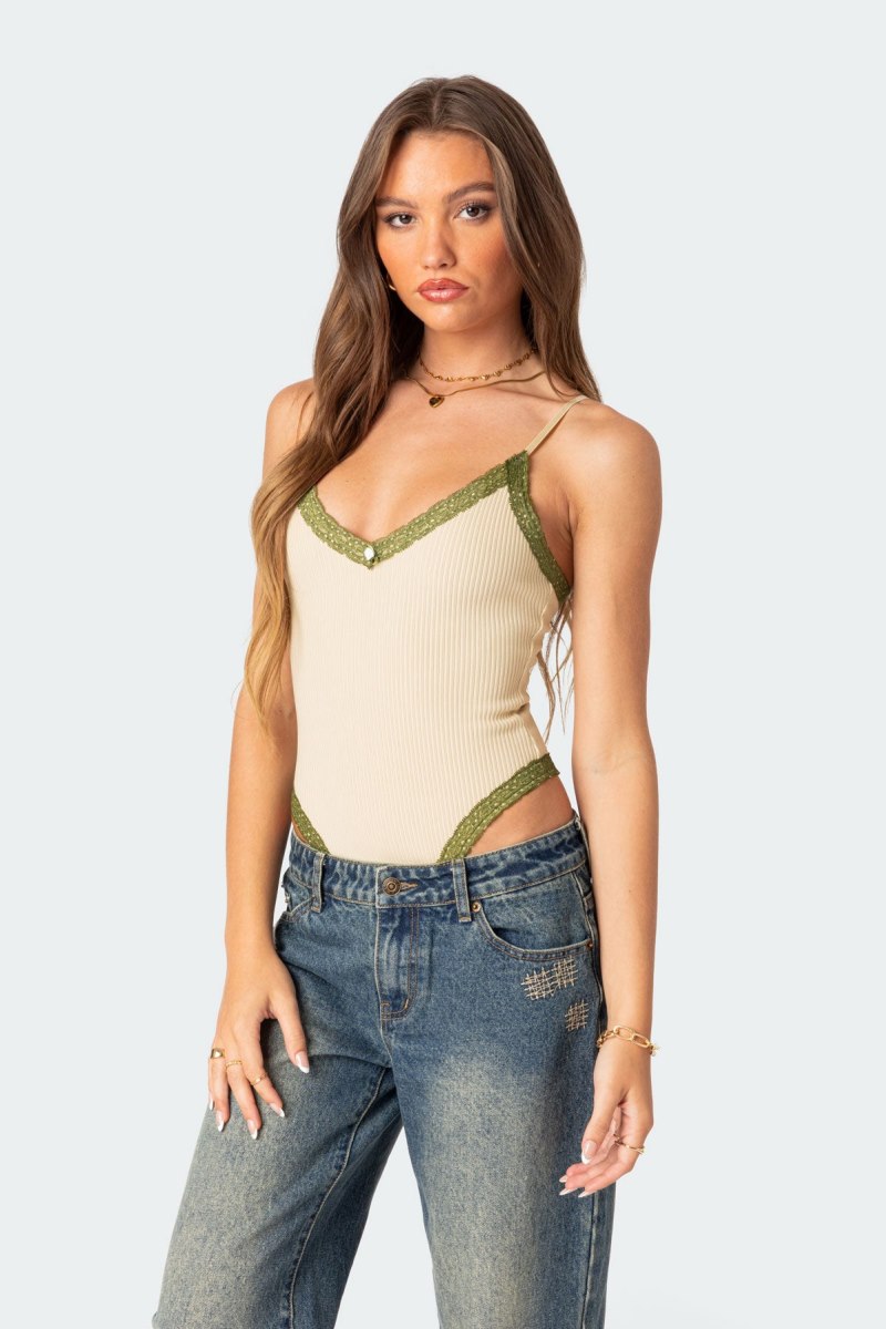Edikted Forest Lacey Ribbed Bodysuit Beige | USA FB027012Y0