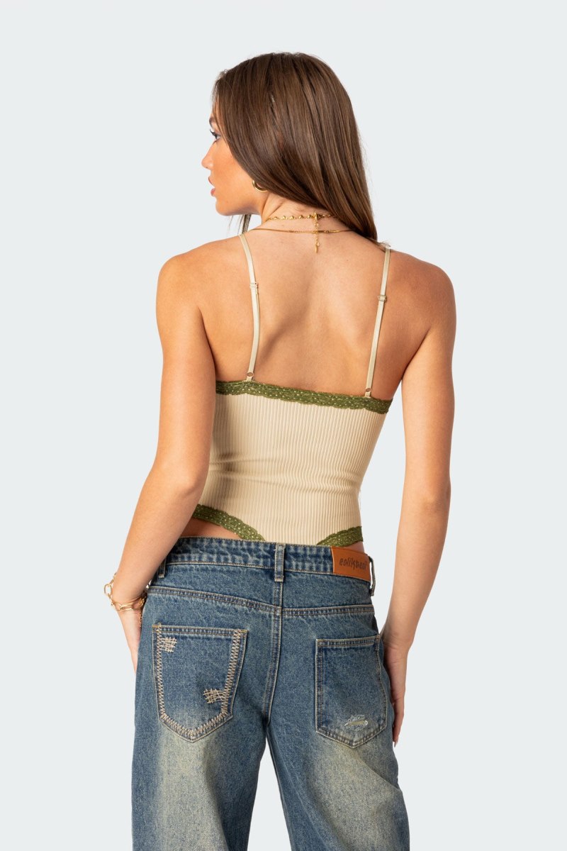 Edikted Forest Lacey Ribbed Bodysuit Beige | USA FB027012Y0