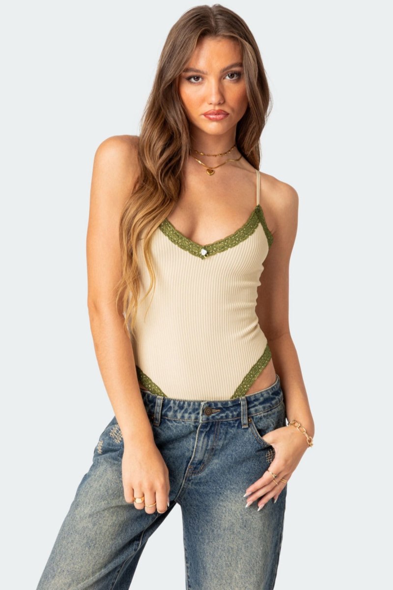 Edikted Forest Lacey Ribbed Bodysuit Beige | USA FB027012Y0