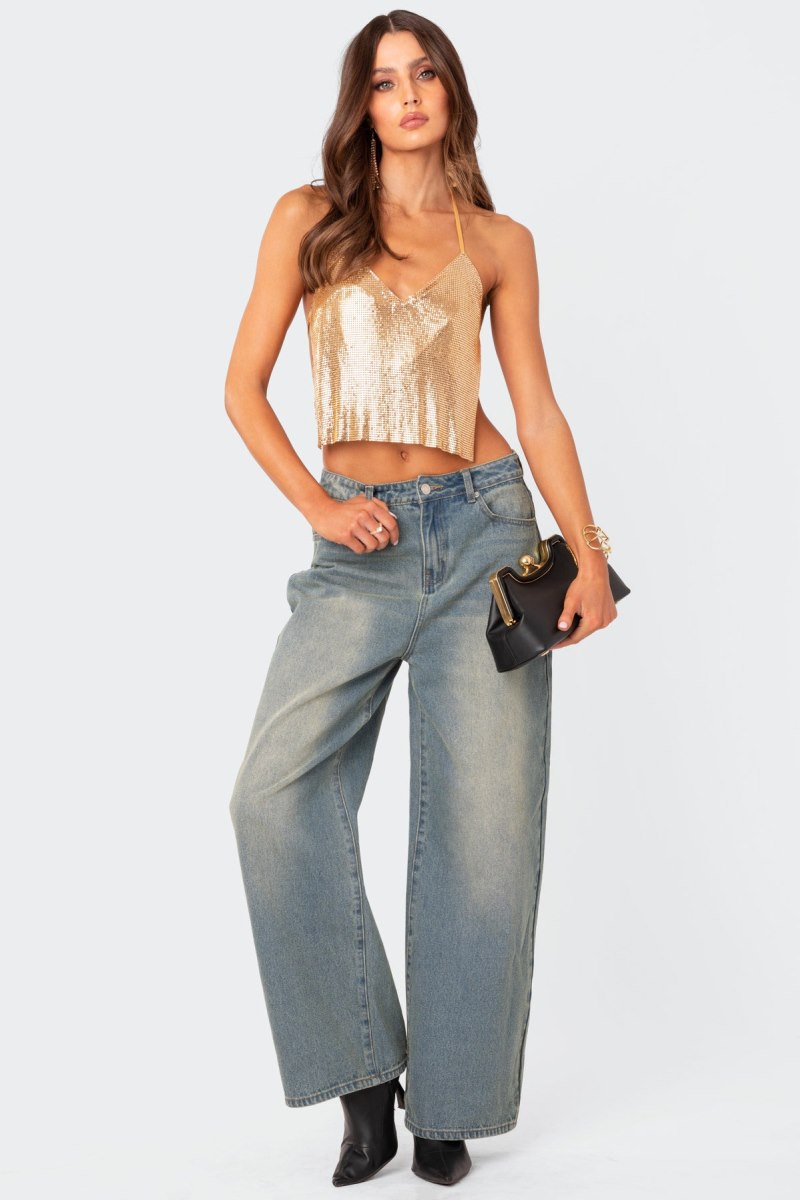 Edikted Forever Chainmail Open Back Crop Tops Gold | USA GB033523E8