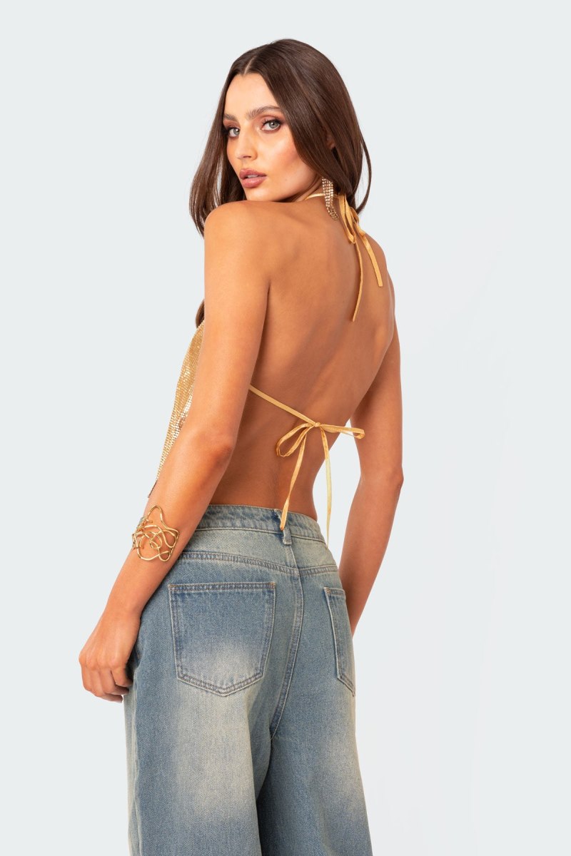 Edikted Forever Chainmail Open Back Crop Tops Gold | USA GB033523E8