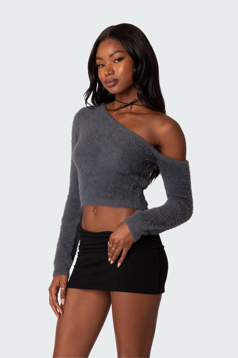 Edikted Frannie One Shoulder Fuzzy Knit Long Sleeve Tops Gray | USA PV558065H6