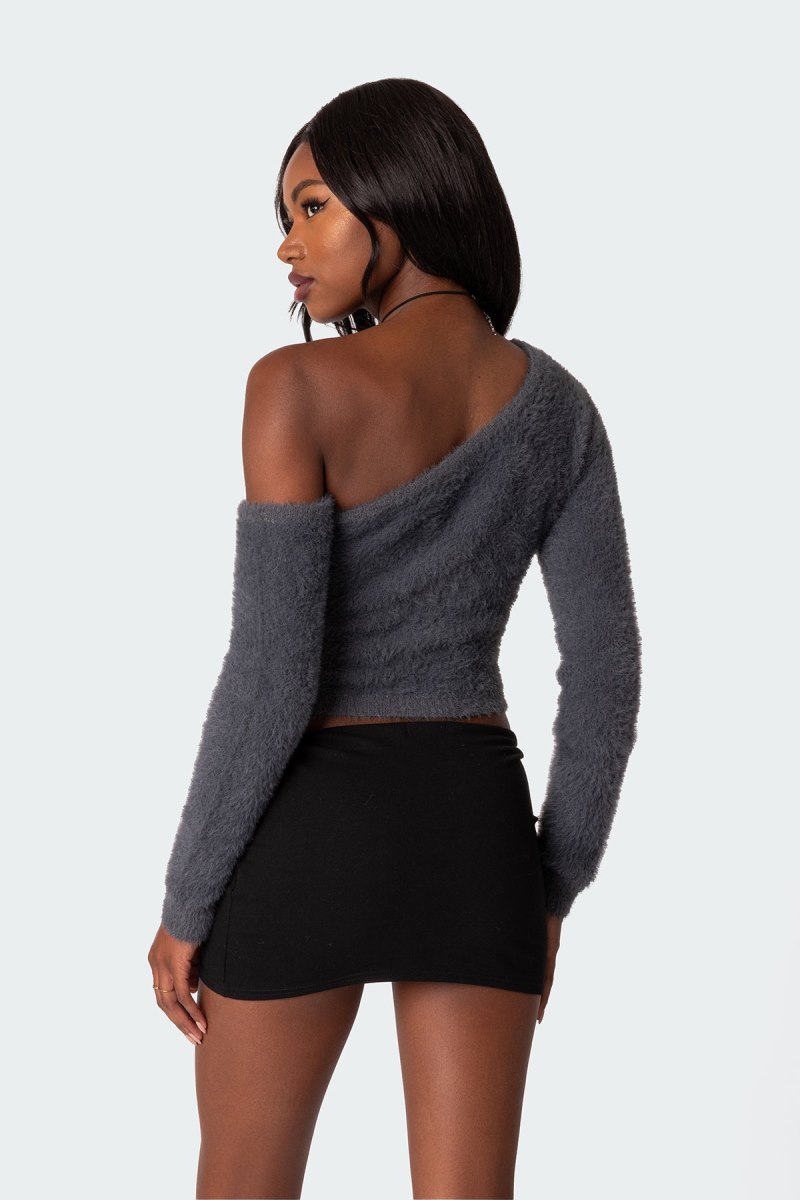 Edikted Frannie One Shoulder Fuzzy Knit Long Sleeve Tops Gray | USA PV558065H6