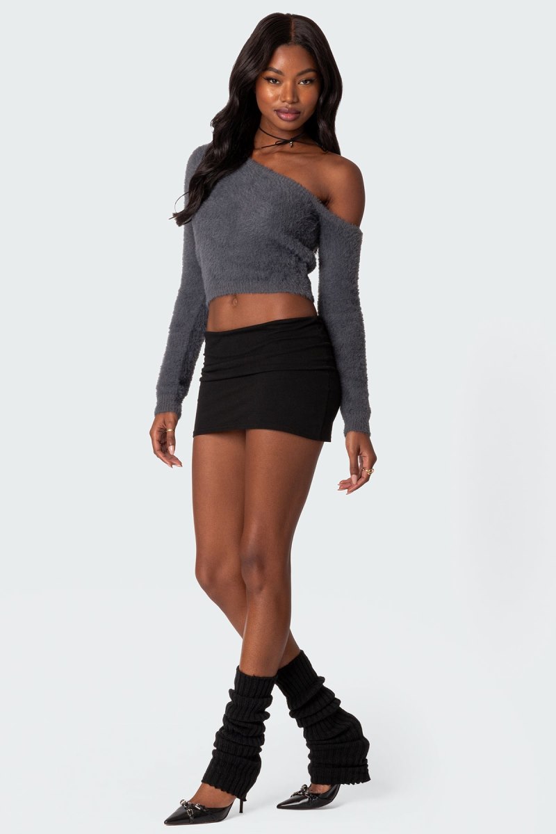Edikted Frannie One Shoulder Fuzzy Knit Sweater Gray | USA YV917541E7