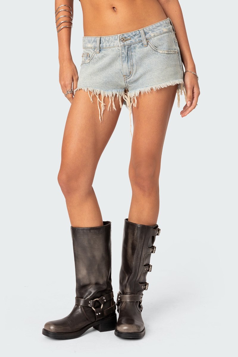 Edikted Frayed Vintage Washed Denim Shorts Blue Washed | USA VV128172X5