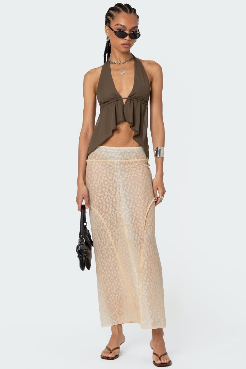 Edikted Freda Open Back Chiffon Crop Tops Olive | USA NO379337F1