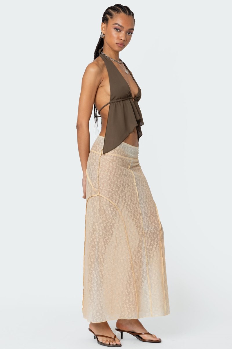 Edikted Freda Open Back Chiffon Crop Tops Olive | USA NO379337F1