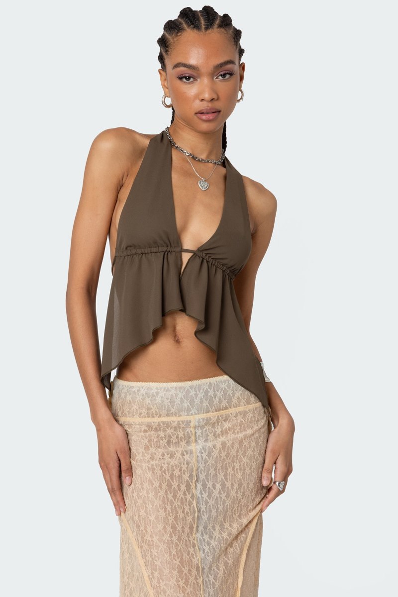 Edikted Freda Open Back Chiffon Crop Tops Olive | USA NO379337F1