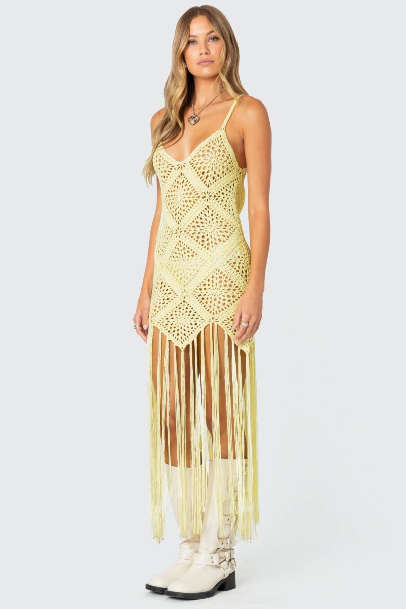 Edikted Fringey Crochet Maxi Dress Maxi Dress Yellow | USA LI234073P4