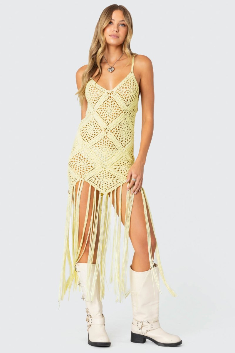 Edikted Fringey Crochet Maxi Dress Maxi Dress Yellow | USA LI234073P4