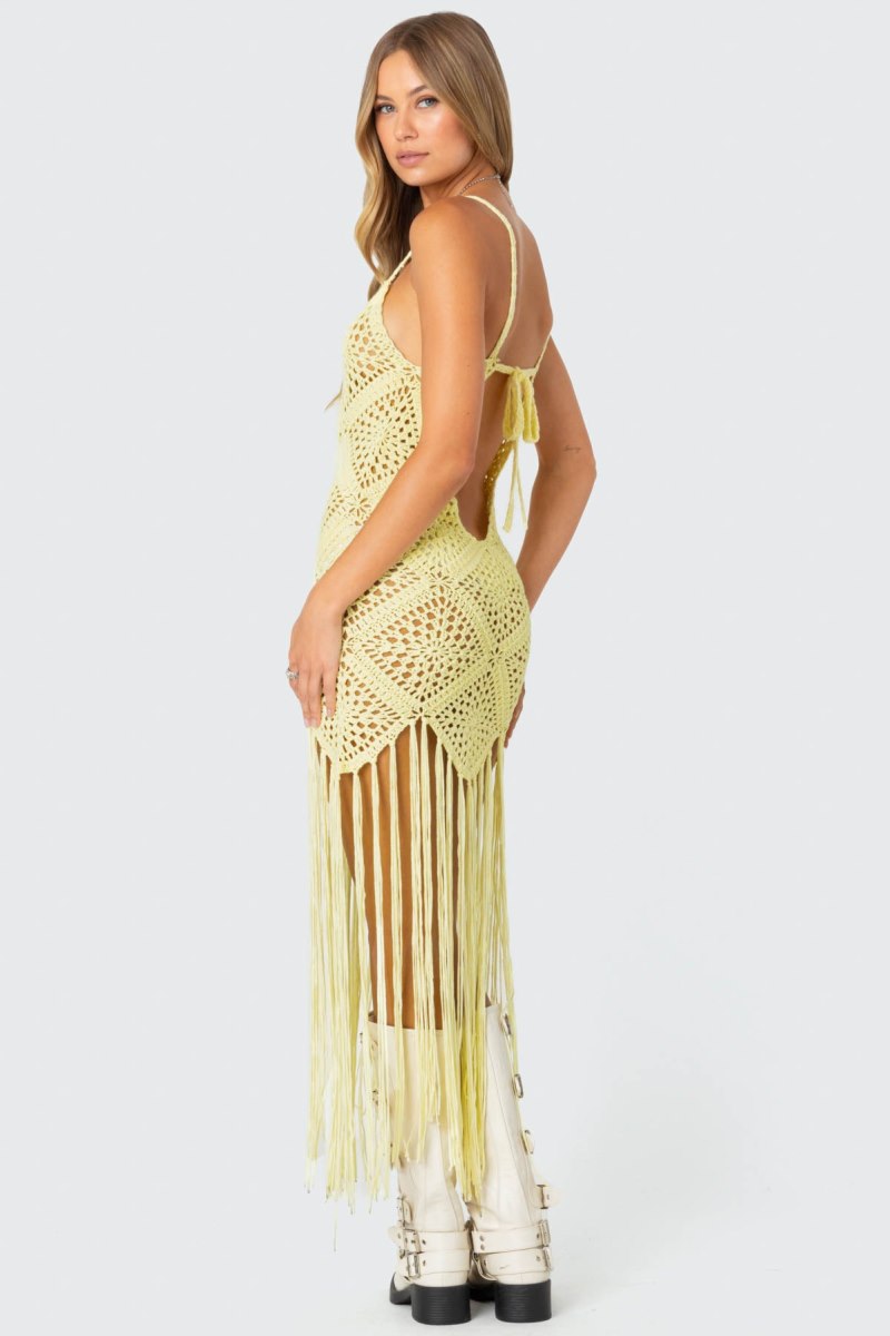 Edikted Fringey Crochet Maxi Dress Maxi Dress Yellow | USA LI234073P4