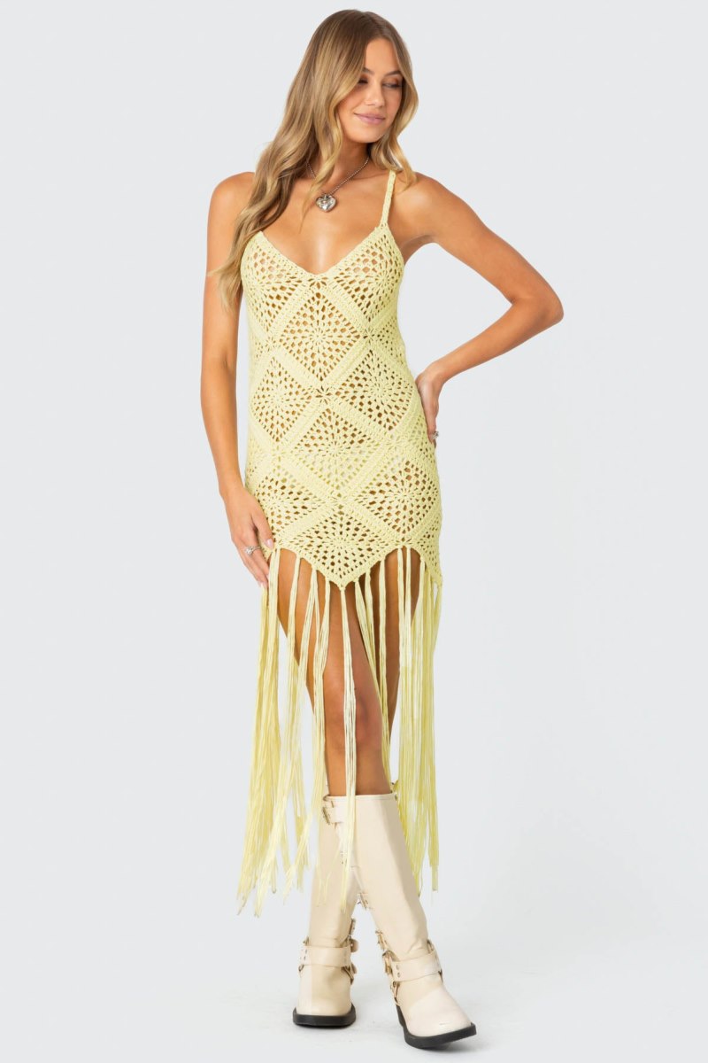 Edikted Fringey Crochet Maxi Dress Maxi Dress Yellow | USA LI234073P4