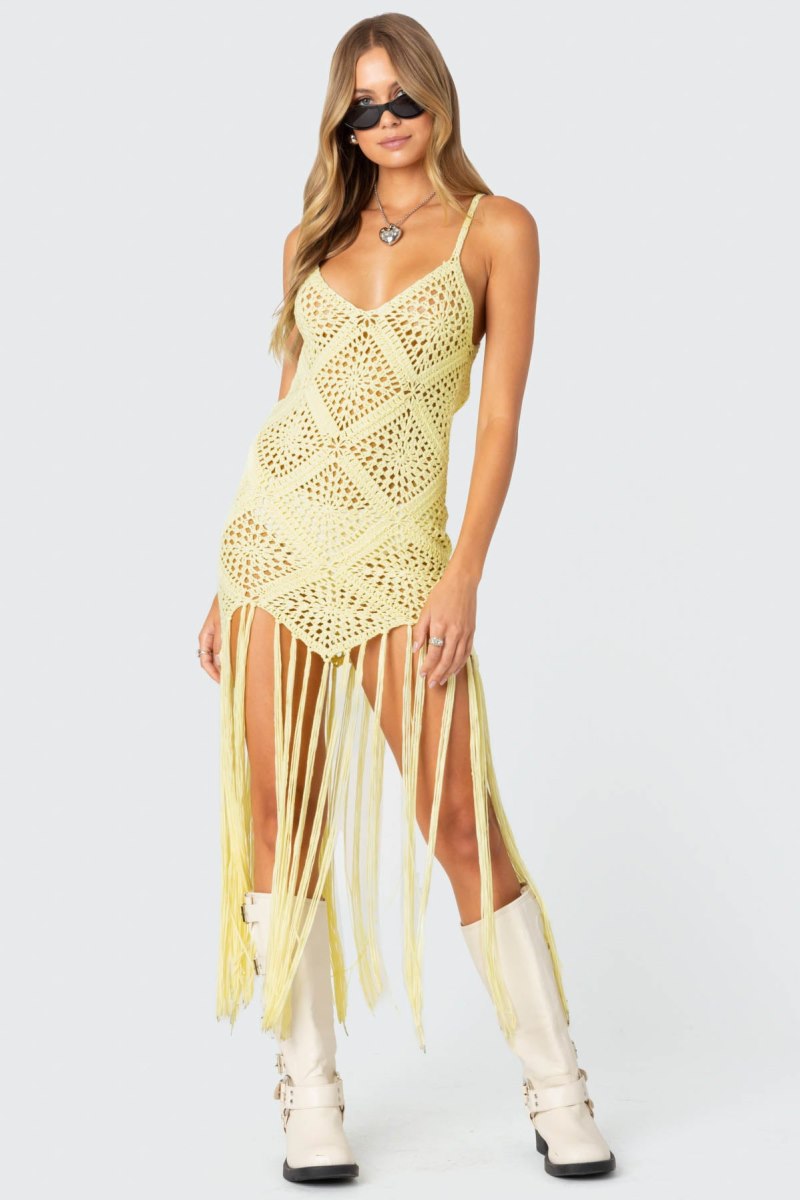 Edikted Fringey Crochet Maxi Dress Maxi Dress Yellow | USA LI234073P4