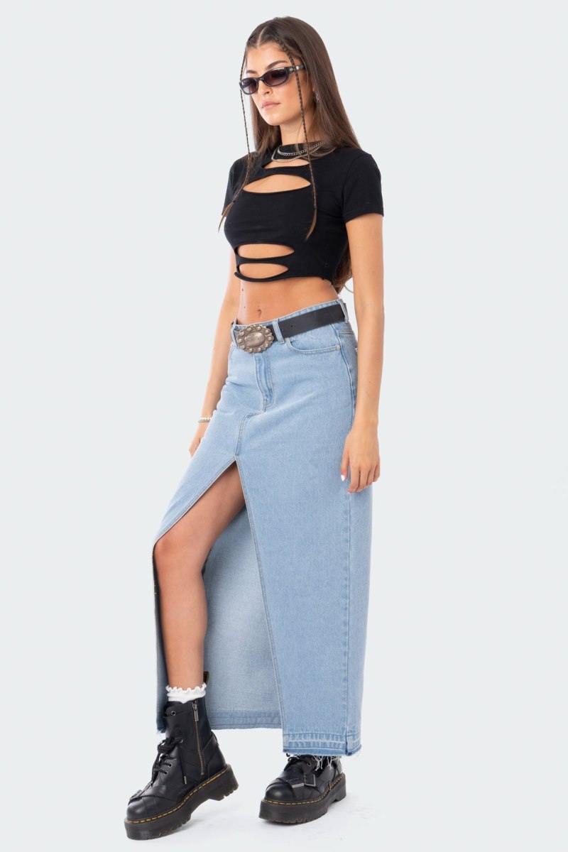 Edikted Front Slit Maxi Denim Skirts Blue | USA HT881788X1