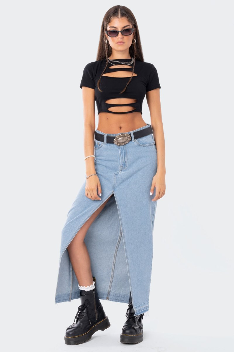 Edikted Front Slit Maxi Denim Skirts Blue | USA HT881788X1