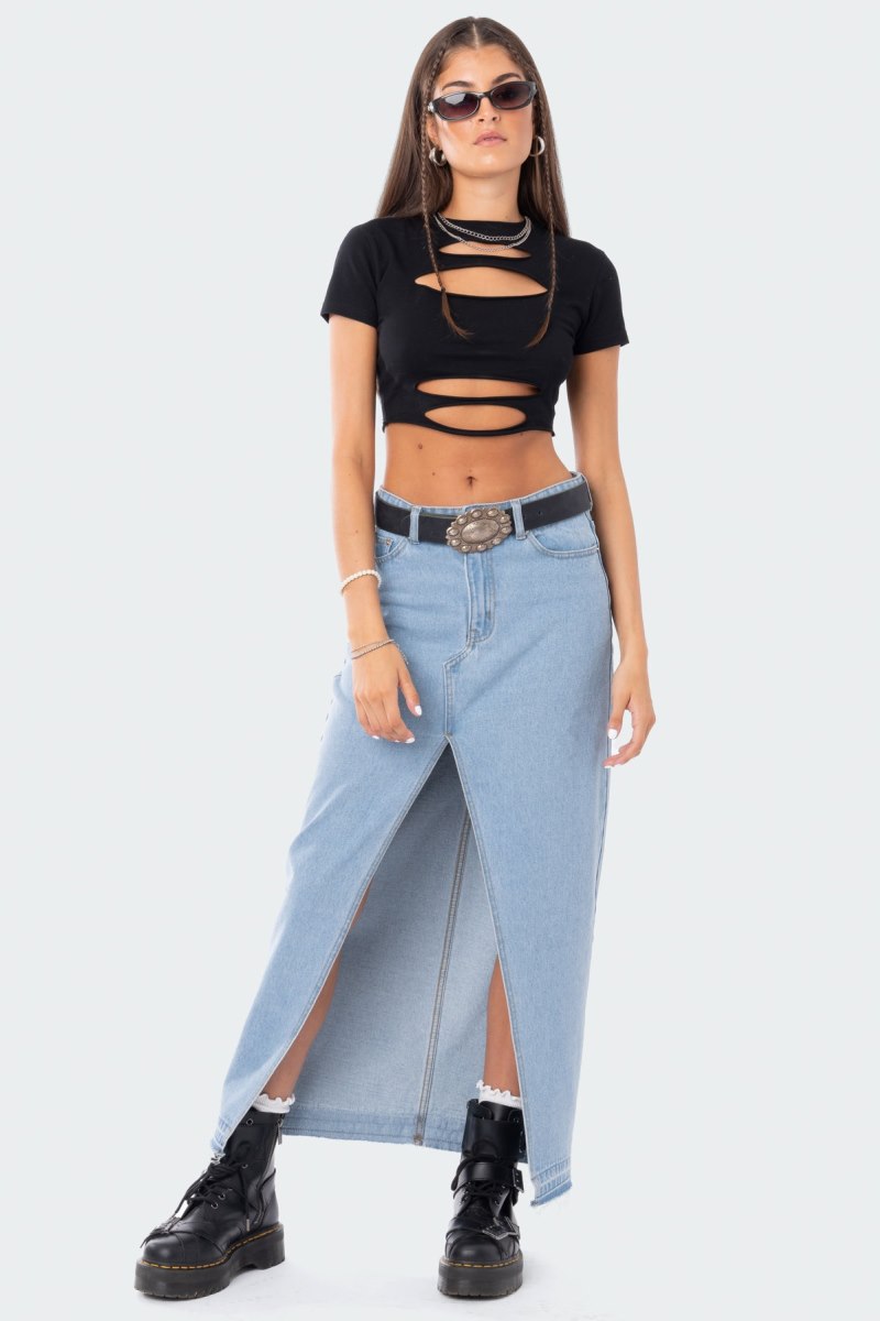 Edikted Front Slit Maxi Denim Skirts Blue | USA HT881788X1
