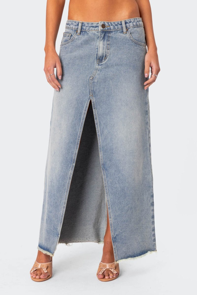 Edikted Front Slit Washed Denim Maxi Skirts Light Blue | USA KX488718Y5