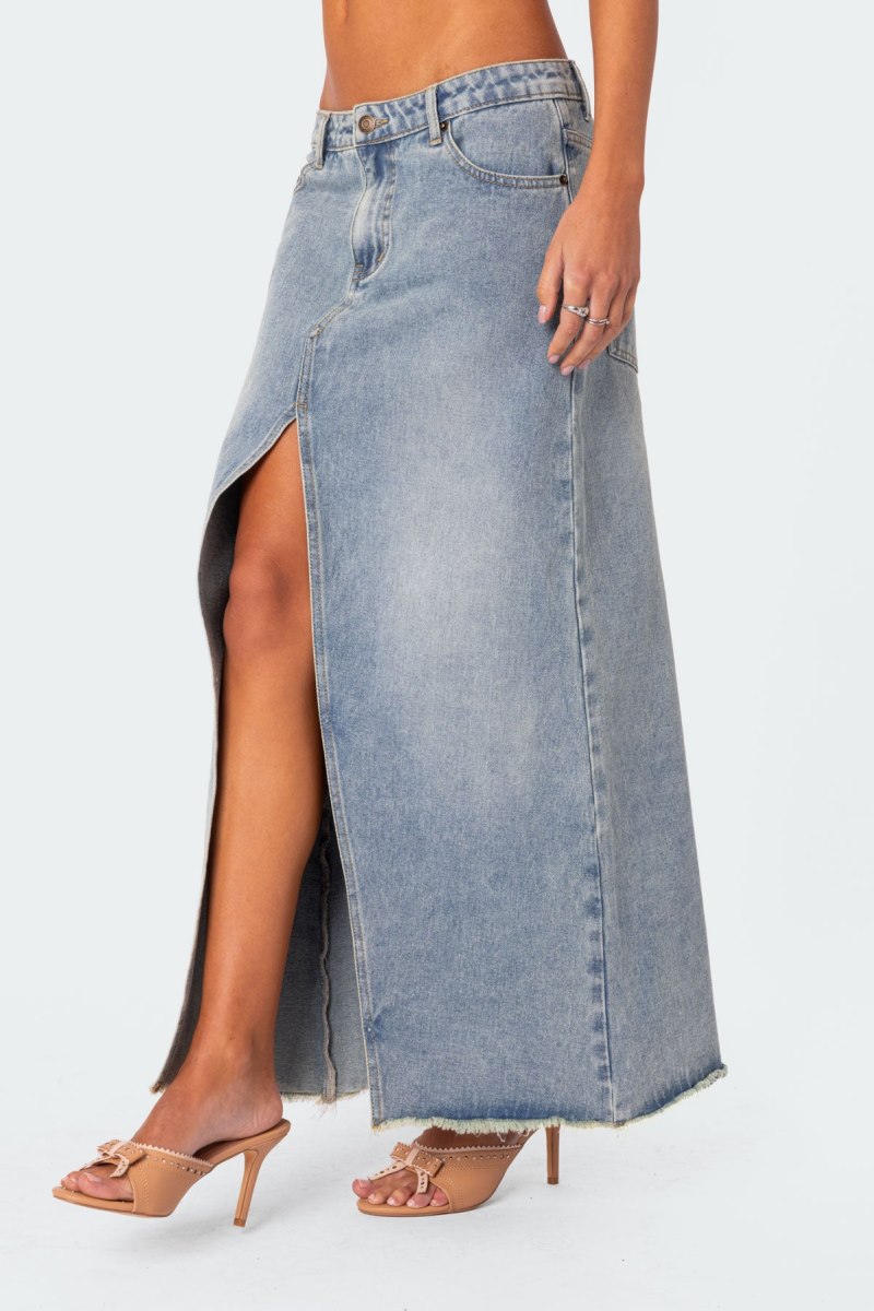 Edikted Front Slit Washed Denim Maxi Skirts Light Blue | USA KX488718Y5