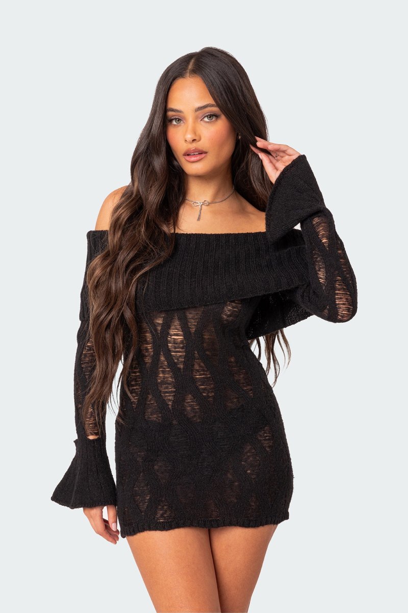 Edikted Gabby Fold Over Open Knit Mini Long Sleeve Dress Black | USA UK462926B1