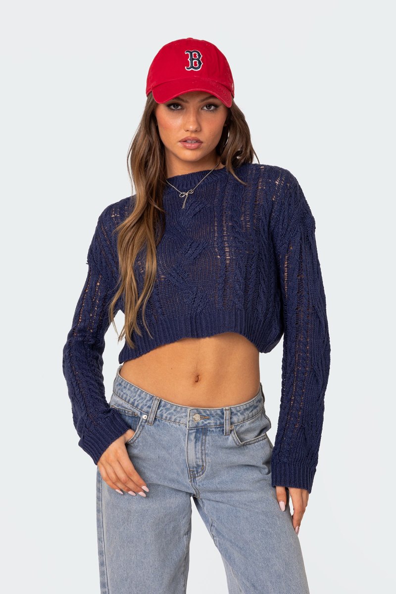Edikted Gabrielle Cropped Cable Knit Sweater Long Sleeve Tops Navy | USA UQ222212D6