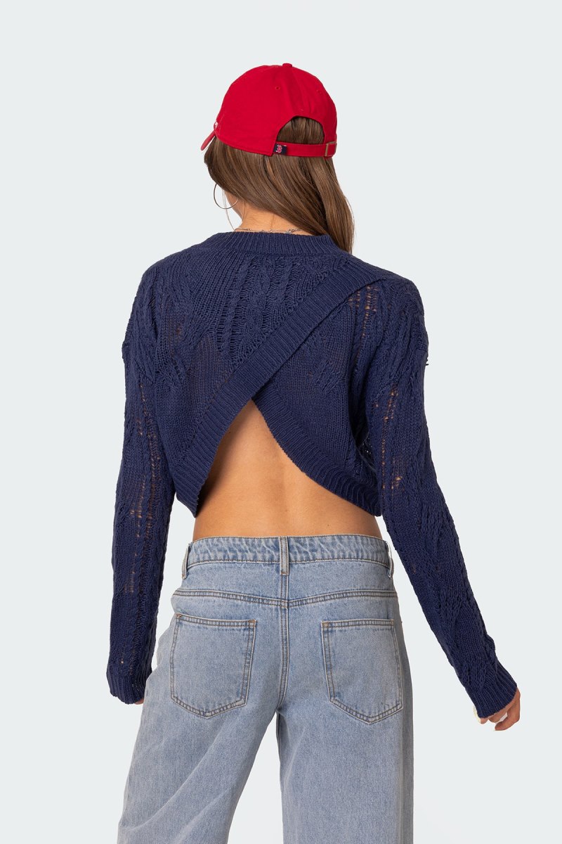 Edikted Gabrielle Cropped Cable Knit Sweater Long Sleeve Tops Navy | USA UQ222212D6