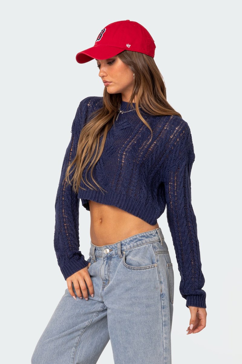 Edikted Gabrielle Cropped Cable Knit Sweater Crop Tops Navy | USA AG570797F1