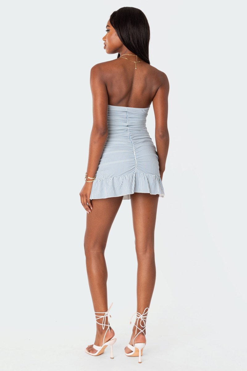 Edikted Gaia Gathered Mini Dress Blue And White | USA FJ497189J4