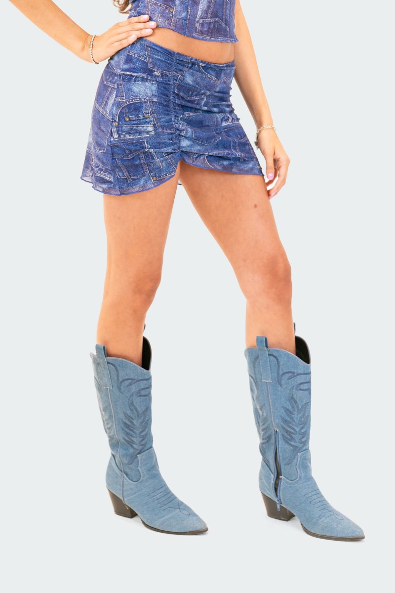 Edikted Gathered Denim Printed Mesh Skirts Blue | USA HB990379H7
